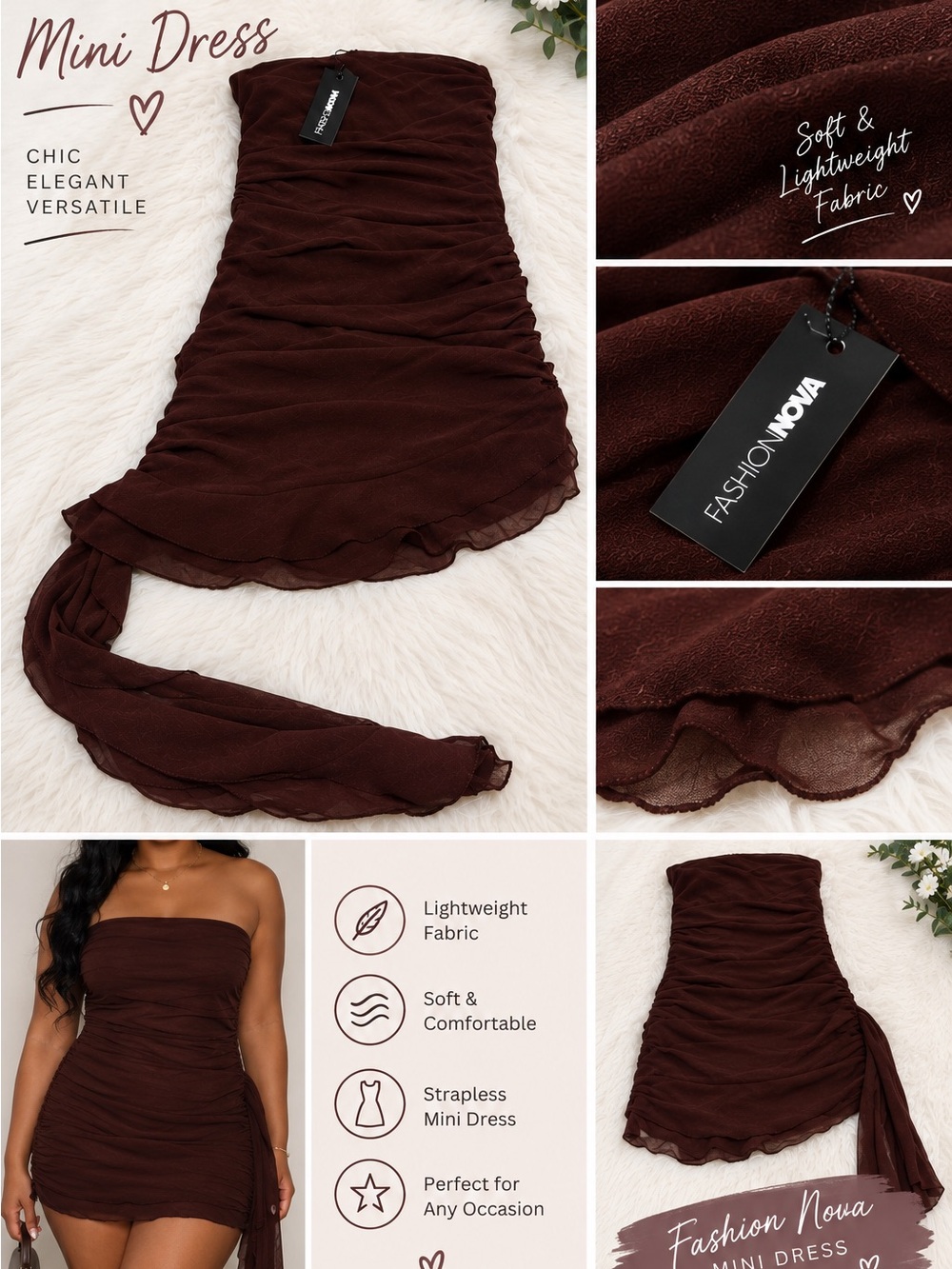 Fashion Nova Strapless Ruched Mini Dress in Chocolate Brown
